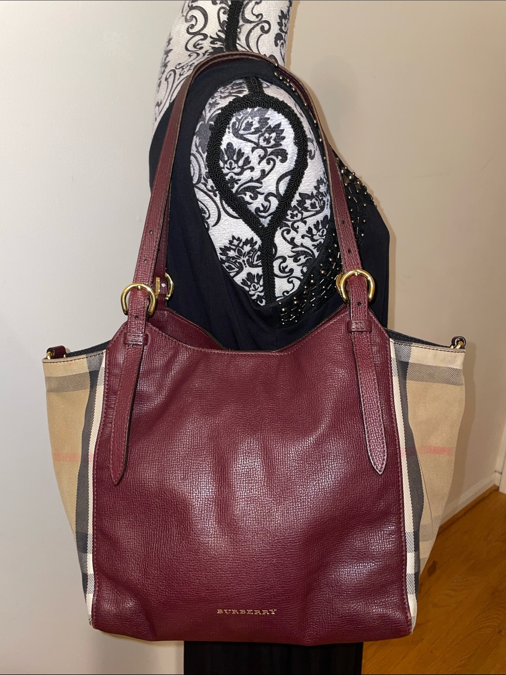 Burberry Canterbury House Check Canvas Leather Tote Shoulder Bag